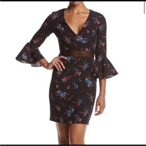 Guess size 8 Black Floral V-Neck Dress with Bell Sleeves